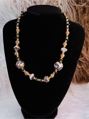 Vintage Hilary London Murano Art Glass Necklace Italy Goldstone Swirl Beads